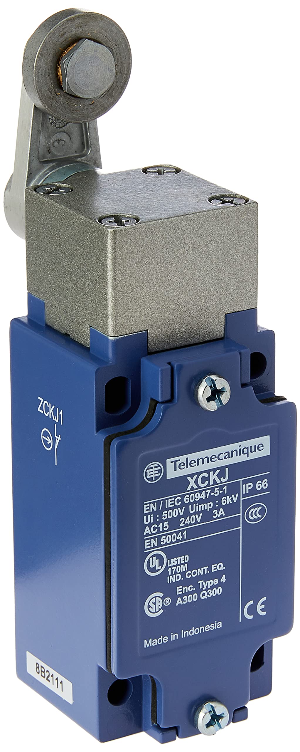 Telemecanique Sensors XCKJ10513 Limit Switch with Steel Roller Lever, Metal, Series XCKJ, Rotary Head, PG13.5 Cable Gland, 1 NC + 1 NO Snap Action Contacts
