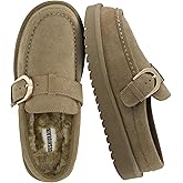 CUSHIONAIRE Origin Genuine Suede Mule Clogs for Women, Cozy Slip-On Moc Toe Loafer with Buckle and Faux Fur Cushioned Footbed