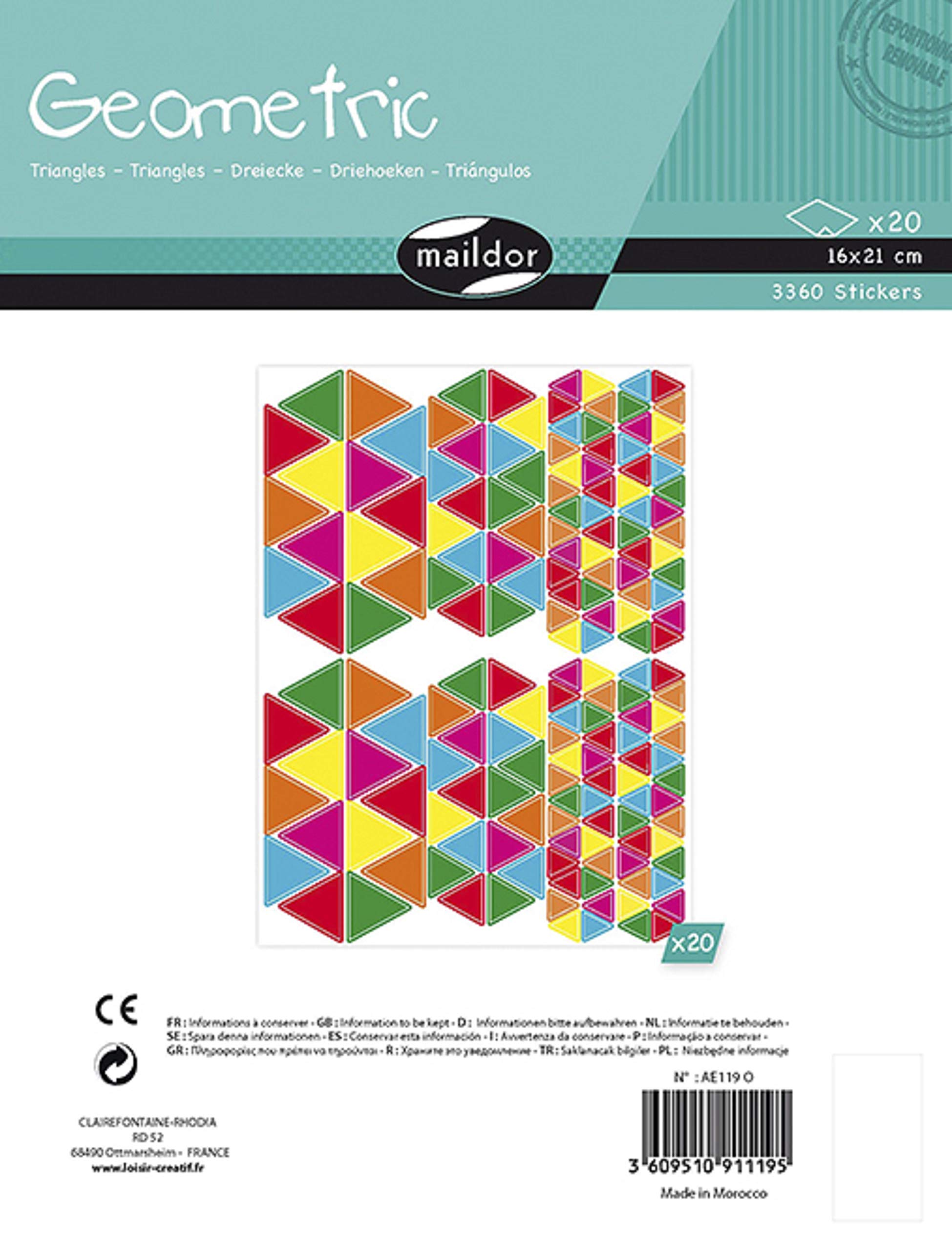 Maildor AE119O - GEOMETRIC STICKERS - 20 sheets - Dimensions: 16 cm x 21 cm - TRIANGLES (3360 stickers) - Children's Creative and Leisure Activity - DIY