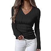 ANRABESS Womens Long Sleeve Cable Knit Sweater 2025 Fall Fashion V Neck Fitted Pullover Top Business Casual Work Fall Outfits