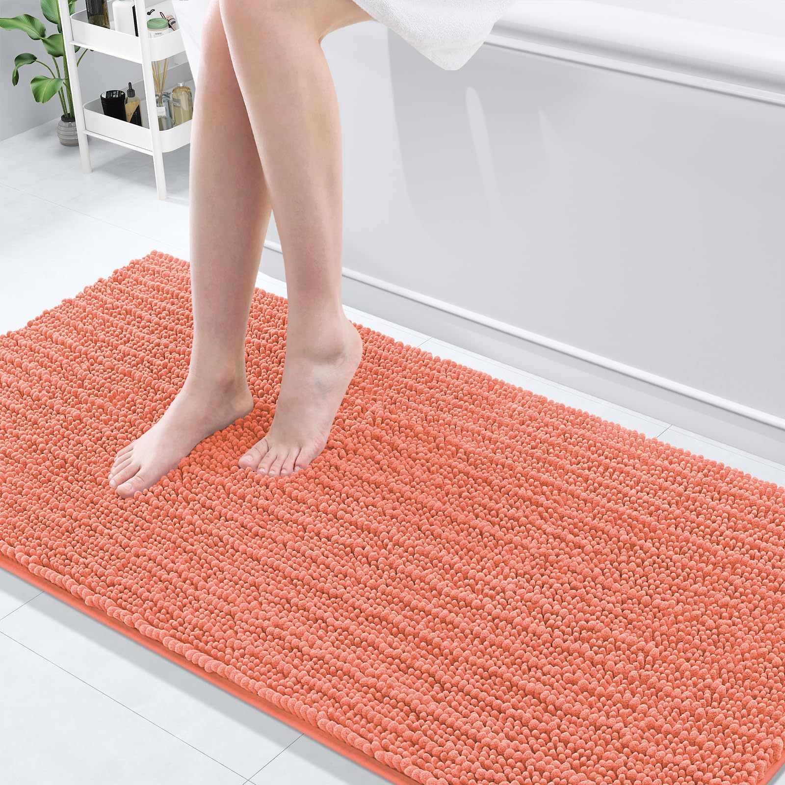 Arotive Luxury Chenille Bathroom Rug Mat, Extra Soft Thick Absorbent Shaggy Bath Rugs, Non-Slip Machine Wash Dry, Plush Bath Mats for Bathroom, Shower and Tub, 70x24, Coral Image