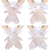 Heentan 4 Pairs Kids Lace Gloves White Tea Party Gloves for Little Girls Bow Short Princess Wedding Dress up Mitten for Party