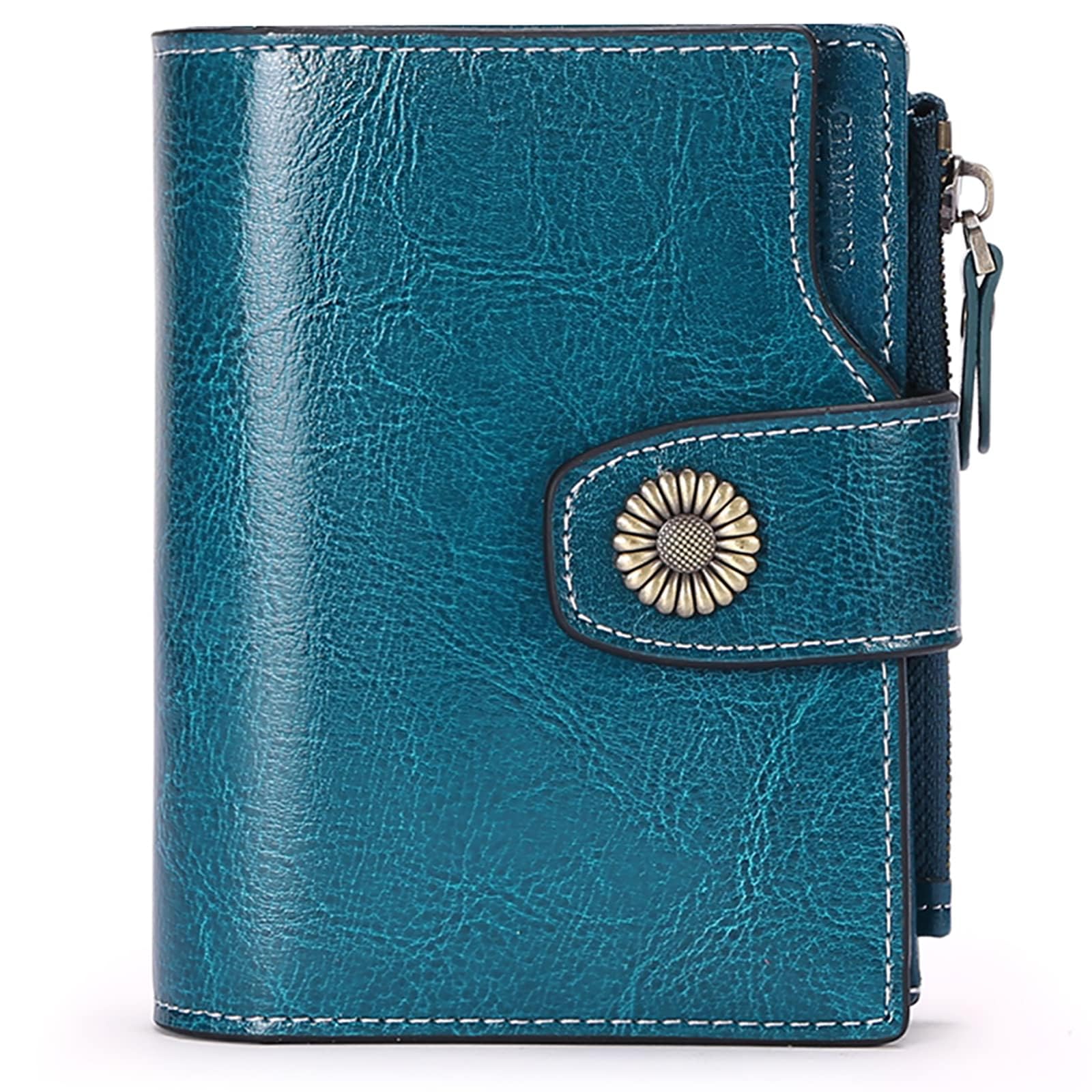 SENDEFN Small Women Wallet Genuine Leather RFID Blocking Bifold Small Purse with Zipper Pocket Peacock Blue