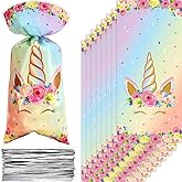 Zonon 100 Pieces Unicorns Goodie Bags Favor Bags Unicorn Cellophane Treat Pink Rainbow Gold Candy with 100 Silver Twist Ties Party Favor for Girls Birthday Baby Shower Supplies