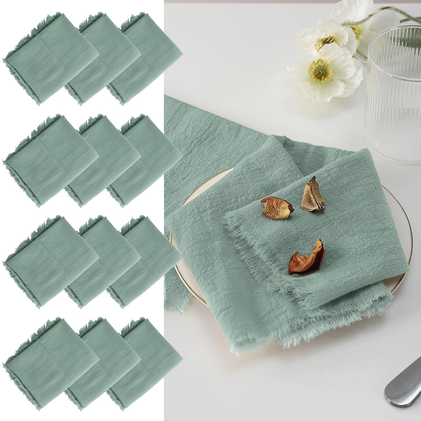 LALAGO Pack of 12 Cloth Napkins, 45 x 45 cm, Linen Napkins with Tassels, Table Napkins for Table Decoration, Green
