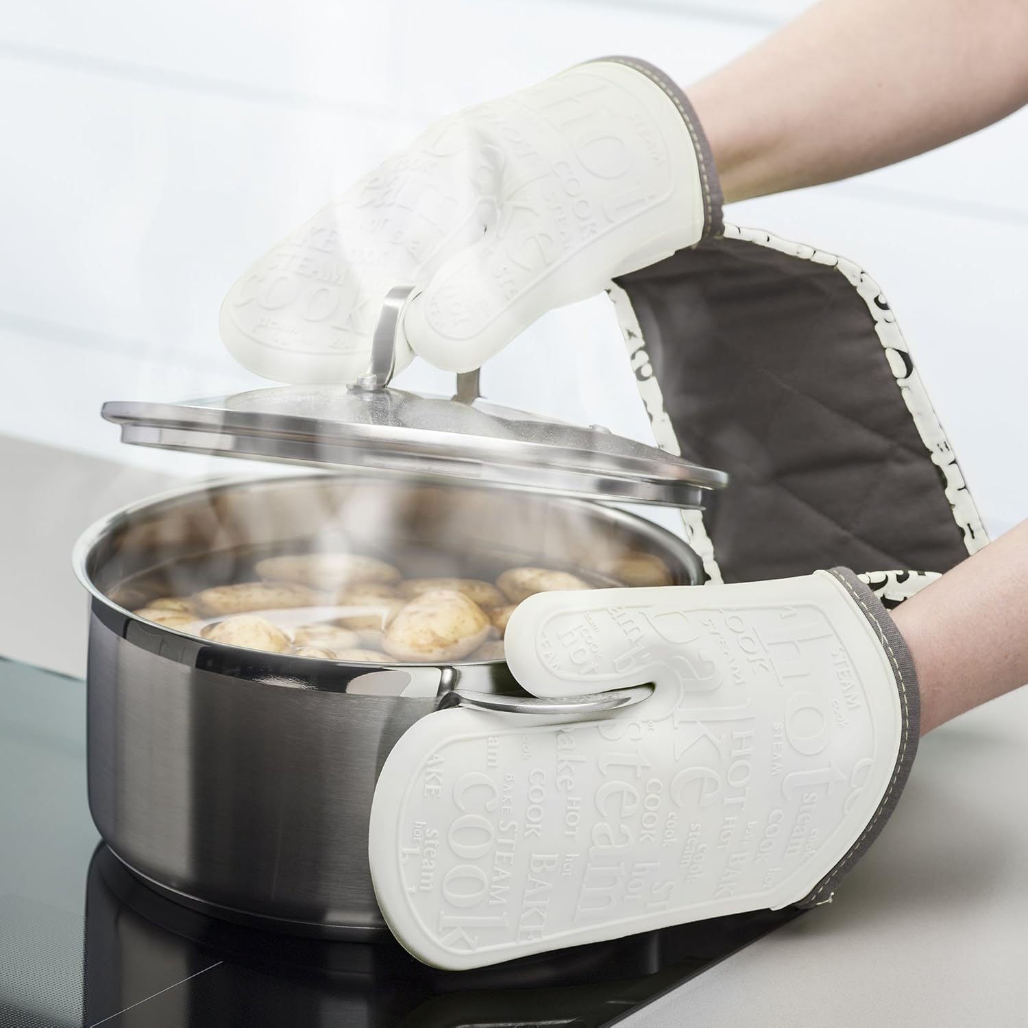 Zeal Silicone Heavy Duty Double Oven Gloves Mitts White (94 cm Long) Script BigaMart