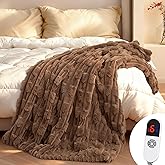 Heated Throw Blanket 50"x60", Electric Blanket with Bamboo Pattern, Luxury Faux Rabbit Fur&Soft Flannel, 6 Heat Settings, 1-4 Hour Auto Shut-Off, Machine Washable (Dark Brown)