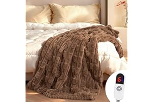 CURECURE Heated Throw Blanket 50"x60", Electric Blanket with Bamboo Pattern, Luxury Faux Rabbit Fur&Soft Flannel, 6 Heat Settings, 1-4 Hour Auto Shut-Off, Machine Washable (Dark Brown)