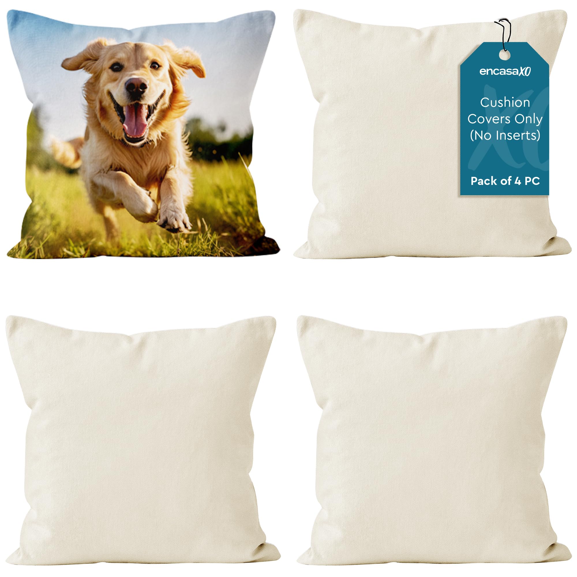 Encasa XO Throw Pillow Covers 16"x16" - Sublimation Blank Natural 4 pc Pack with Invisible Zipper - Soft Polyester Twill Cushion Cases, suitable for DIY, Digital Printing & Painting