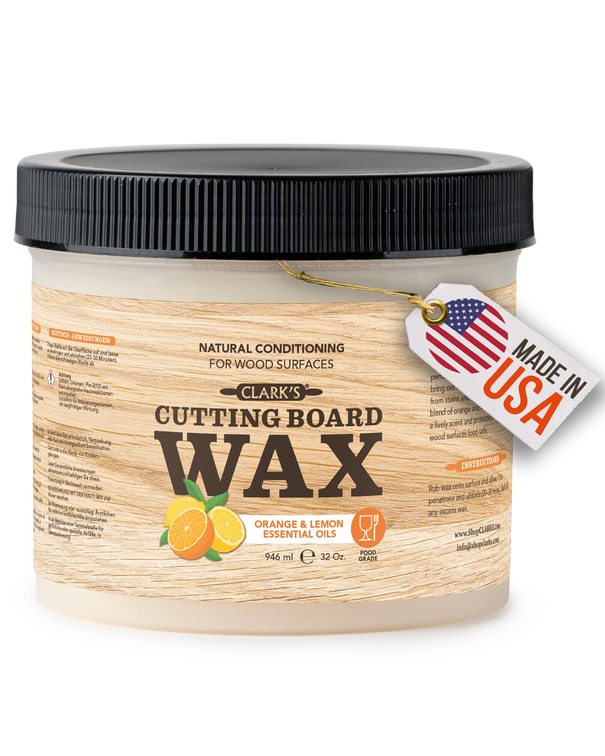 Chopping Board Finish Wax (32oz) by CLARK'S - Enriched with Lemon & Orange Oils - Woodworker - Restaurant Size - Chopping Block Wax
