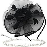 BAHABY Big Fascinators Hats for Women with Pearl Necklace Set, Tea Party Hat with Headband and Clip