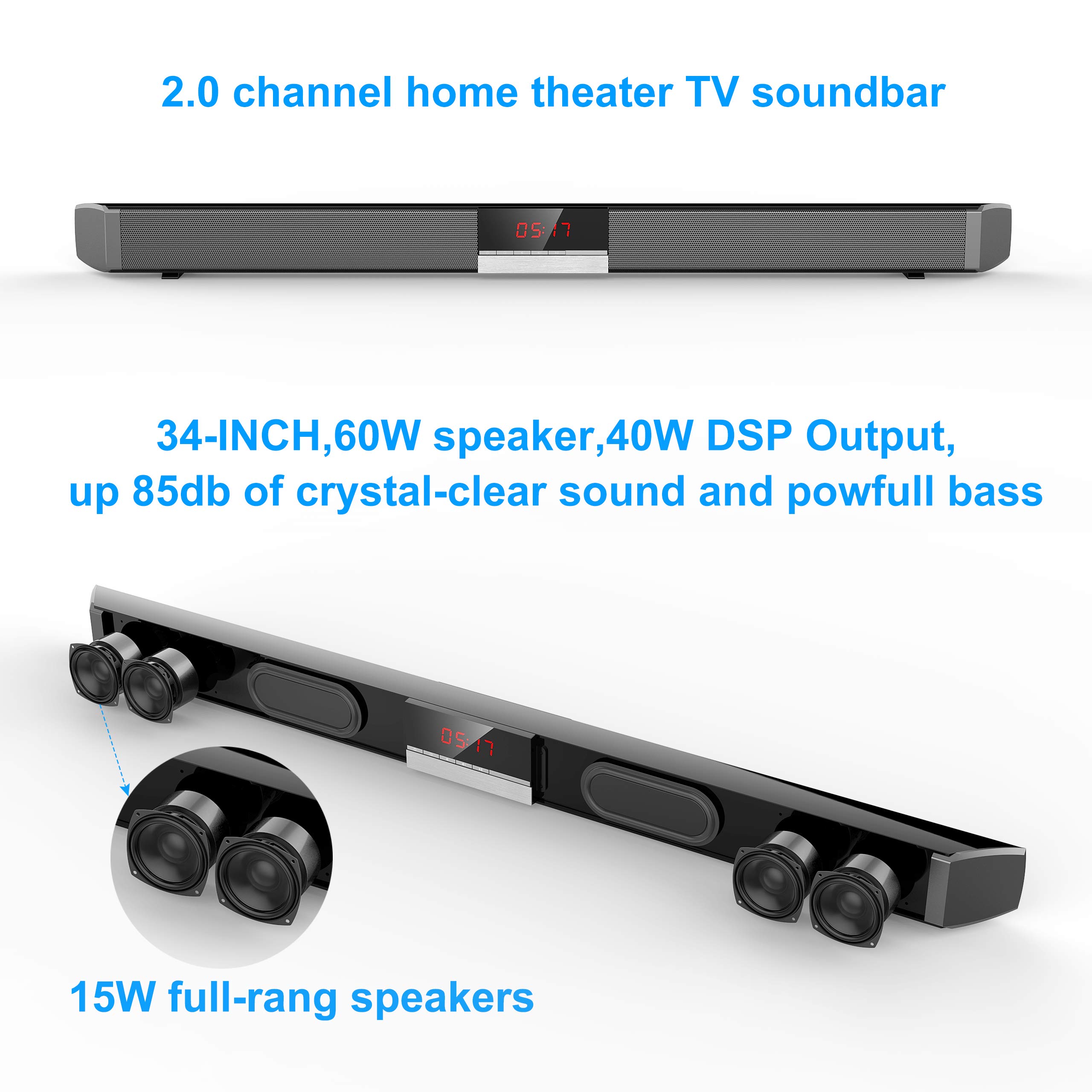 Sound Bar, 2.0 Channel Wired&Wireless Bluetooth Stereo Soundbar, Three Equalizer Mode Audio Speaker for TV (Optical Cable Included,DSP,Bass Adjustable,Wall Mountable)
