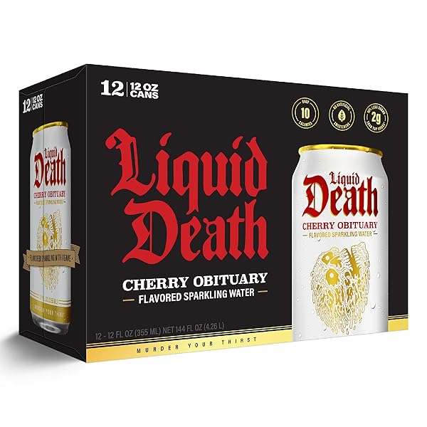 LIQUID DEATH SODA-FLAVORED SPARKLING WATER – CHERRY OBITUARY, LESS SUGAR*, HUGE FLAVOR, NO CAFFEINE, NO ARTIFICIAL SWEETENERS, 12 FL OZ (PACK OF 12)