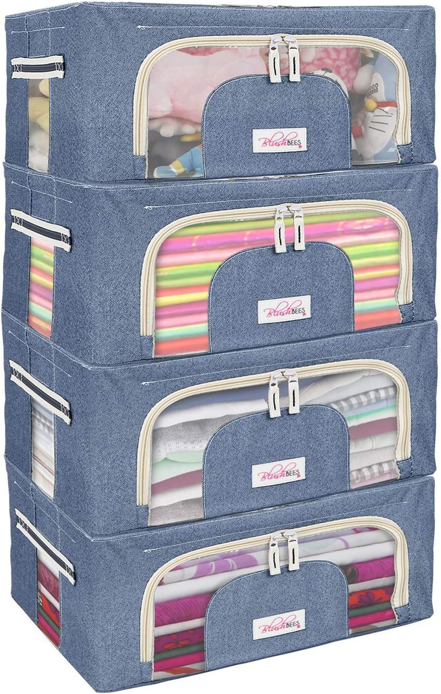 BlushBees Living Box - 600D Oxford Fabric Foldable Storage Boxes for Clothes, Saree Cover Bags - 44 Litre, Pack of 4, Cowboy Blue