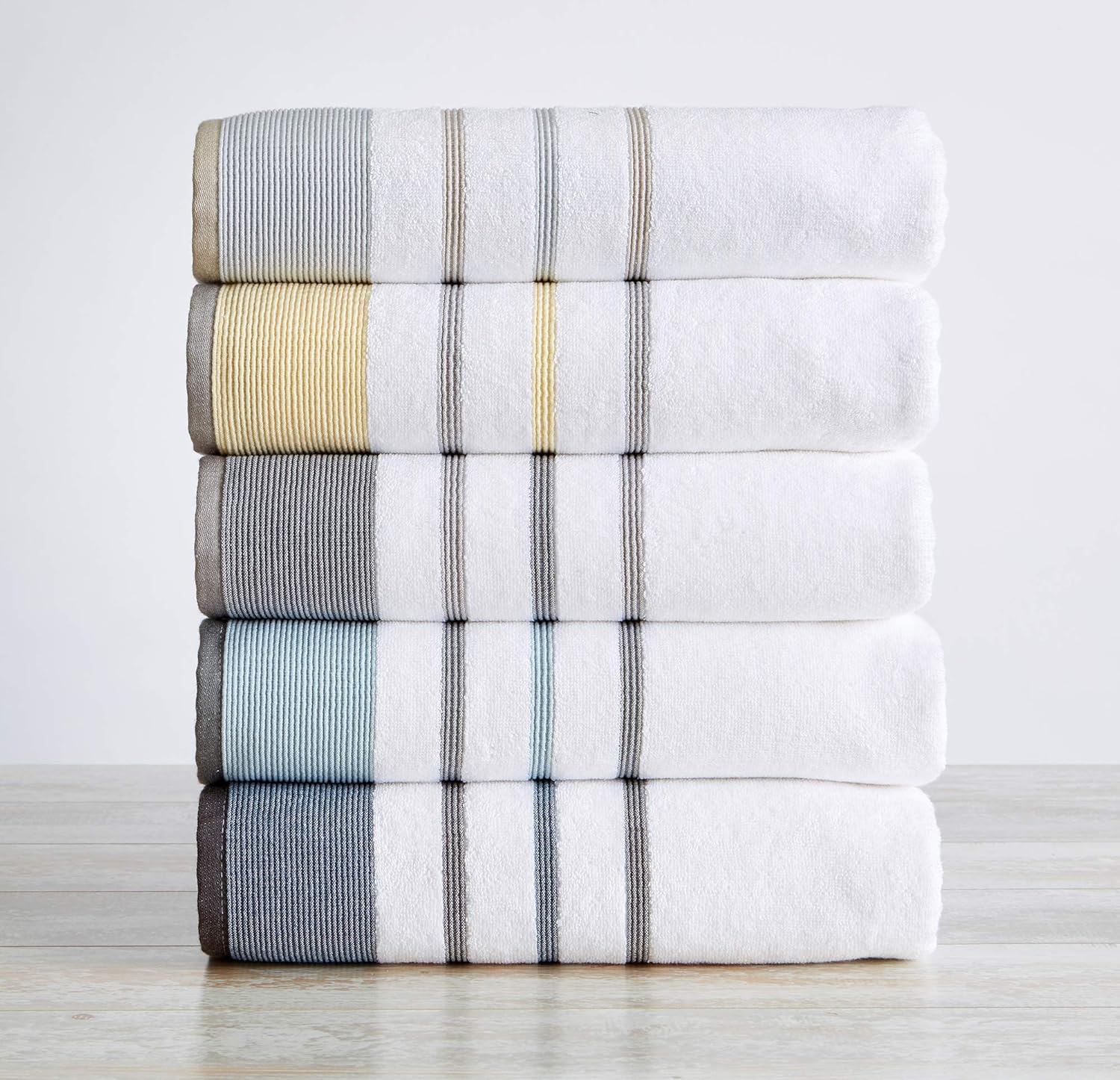 Great Bay Home 100% Turkish Cotton Striped Bath Towels, Luxury 6 Piece Set - 2 Bath Towels, 2 Hand Towels and 2 Washcloths. Highly Absorbent Quick-Dry Towels (6 Piece Set, Eucalyptus/Grey): Home & Kitchen