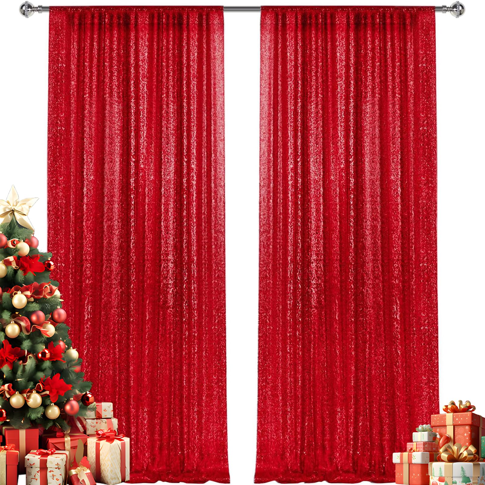 Photo 1 of 2×8FT-2PCS Red Sequin Backdrop Curtains Panels, Photography Backdrop Glitter Curtains Fabric Background for Christmas Wedding Party Decor