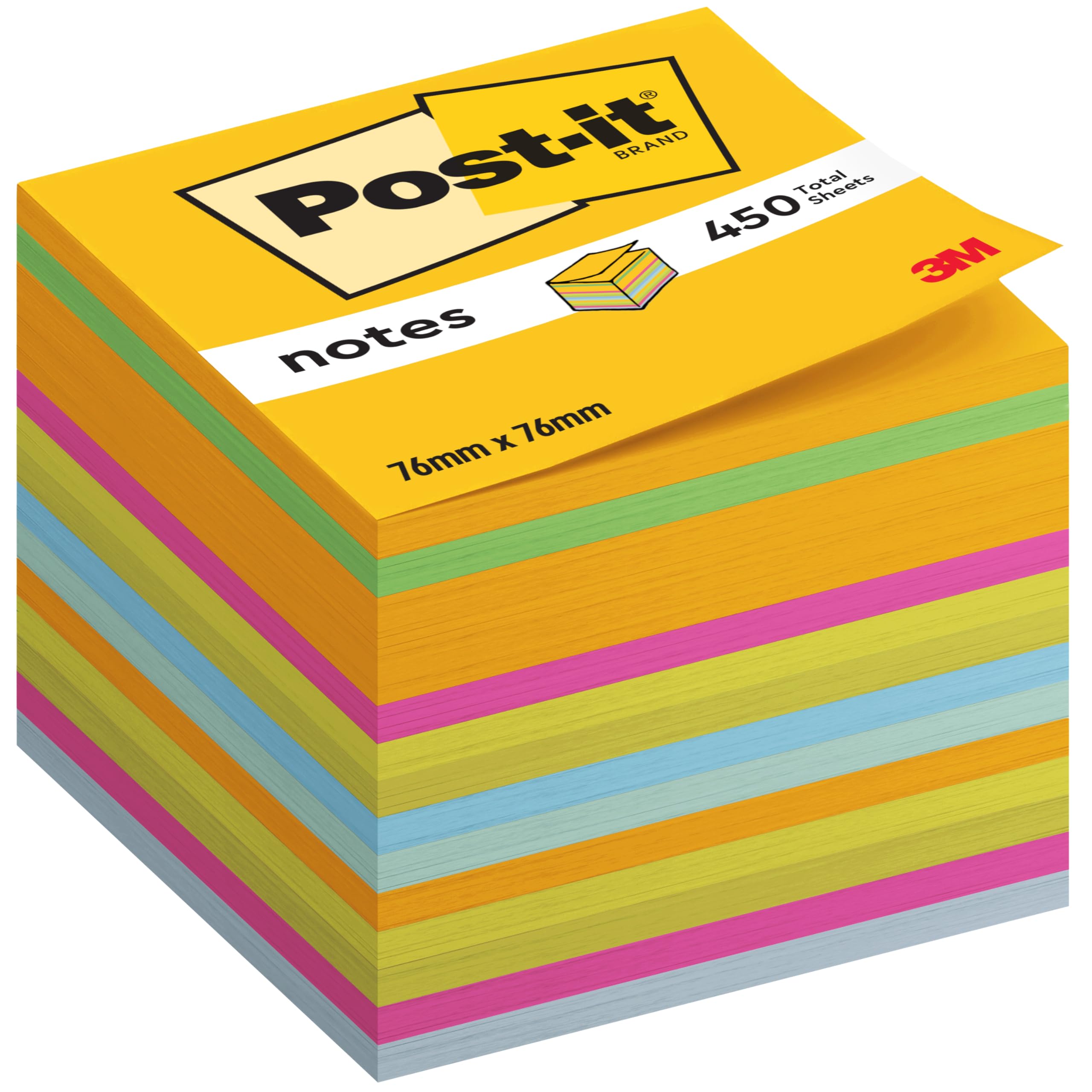 Post-it Notes Cube, Ultra Colours, 1 Pad, 76 mm x 76 mm, 450 Sheets - Extra Sticky Notes for Walls, Monitors and Fridge