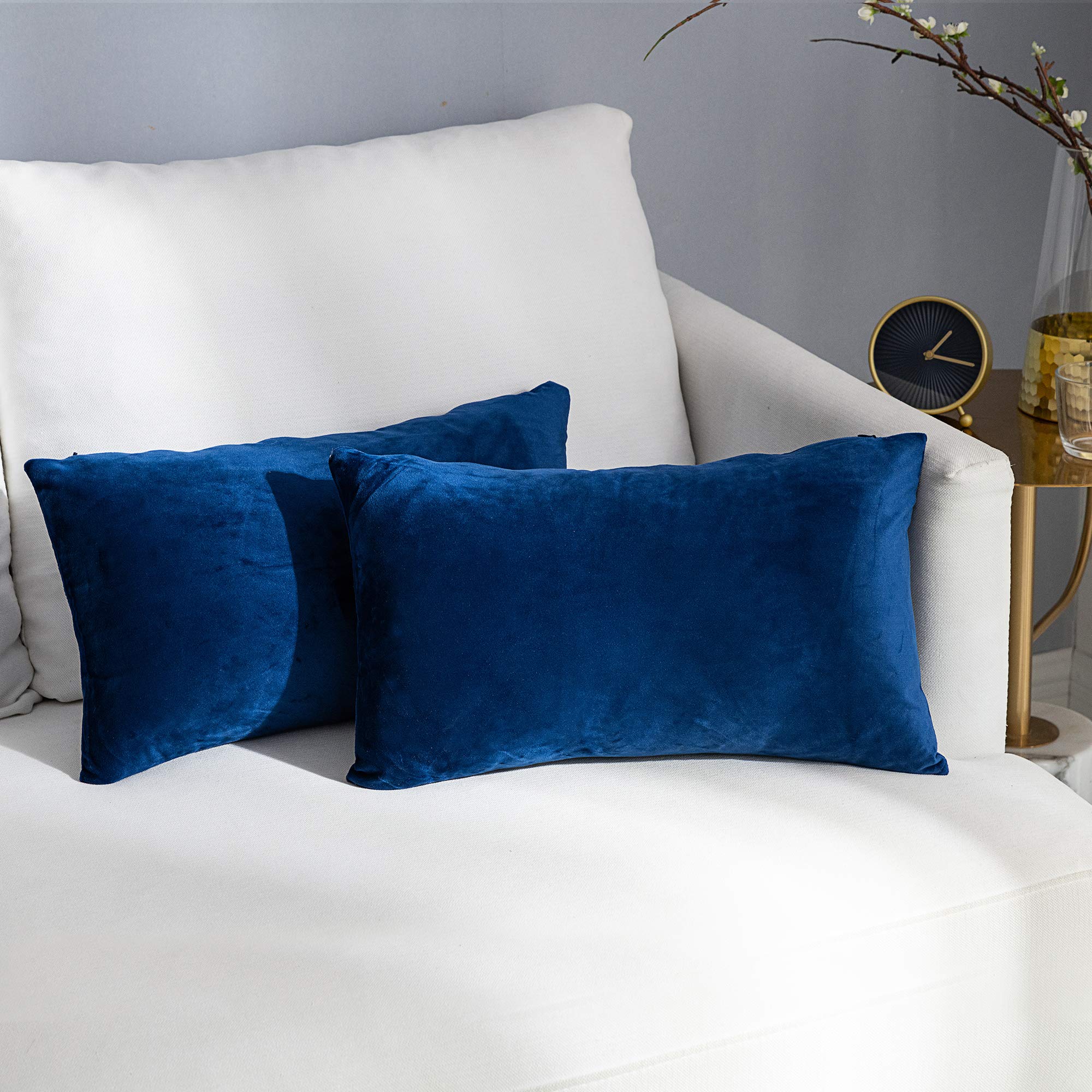 Photo 1 of Stellhome Pack of 2 Lumbar Throw Pillow Covers Super Soft Solid Velvet Pillowcase for Bed Couch Sofa Bench, 12 x 20 inch (30 x 50 cm), Navy Blue
