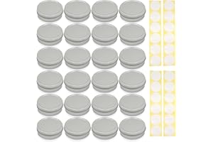 SimbaLux Screw Top Round Steel Tin Cans 2 oz (60ml) with Self Adhesive White Round Stickers, 24 Pack