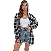 Women's Plaid Flannel Shirts Hoodie Long Sleeve Oversized Shirt Jacket Button Down Blouse Tops