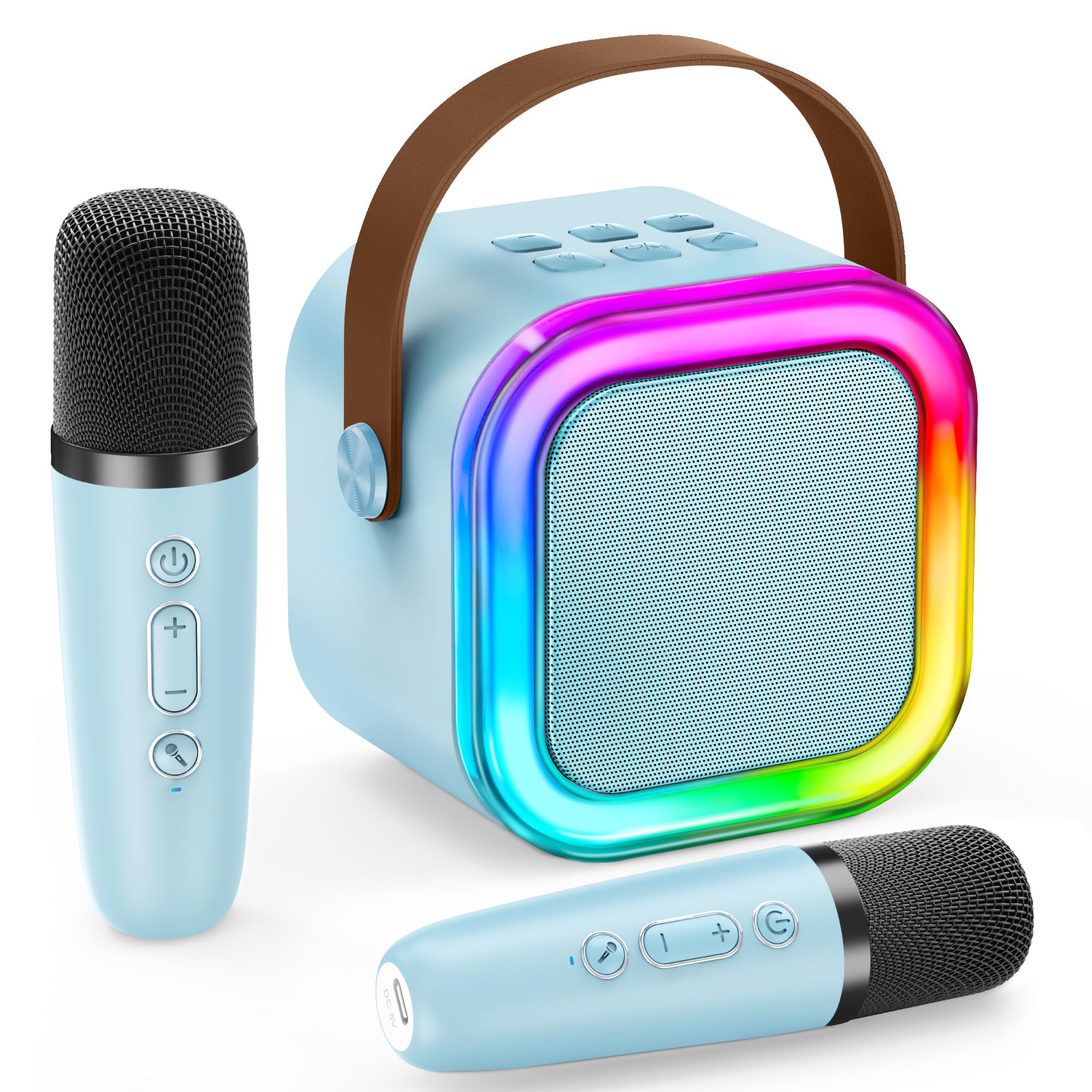 IROO Karaoke Machine Kids 2 Microphones Mini Karaoke Machine Bluetooth with Voice Changing Effects - Girls Birthday Presents - Supports Smartphone/iPad/TF Card - Ideal for Kids Aged 3+ (Blue)