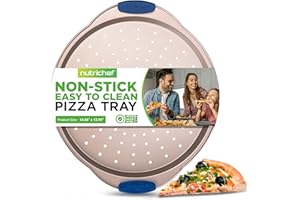 NutriChef Pizza Pan - Nonstick Crisper 14" Carbon Steel Bake Tray, Blue with Red Silicone Handles, Commercial Grade Restauran