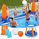 Pool Volleyball Set, 120'' Larger Inflatable Pool Float Set Include Volleyball Net Basketball Hoop Set & 2 Balls Floating Swi