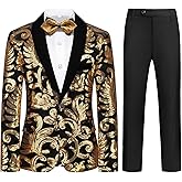 Lamgool Boys Tuxedo Suit Slim Fit Formal Set 2 Pieces with Floral Jacquard Sequin Blazer Black Pants for Kids Prom Wedding