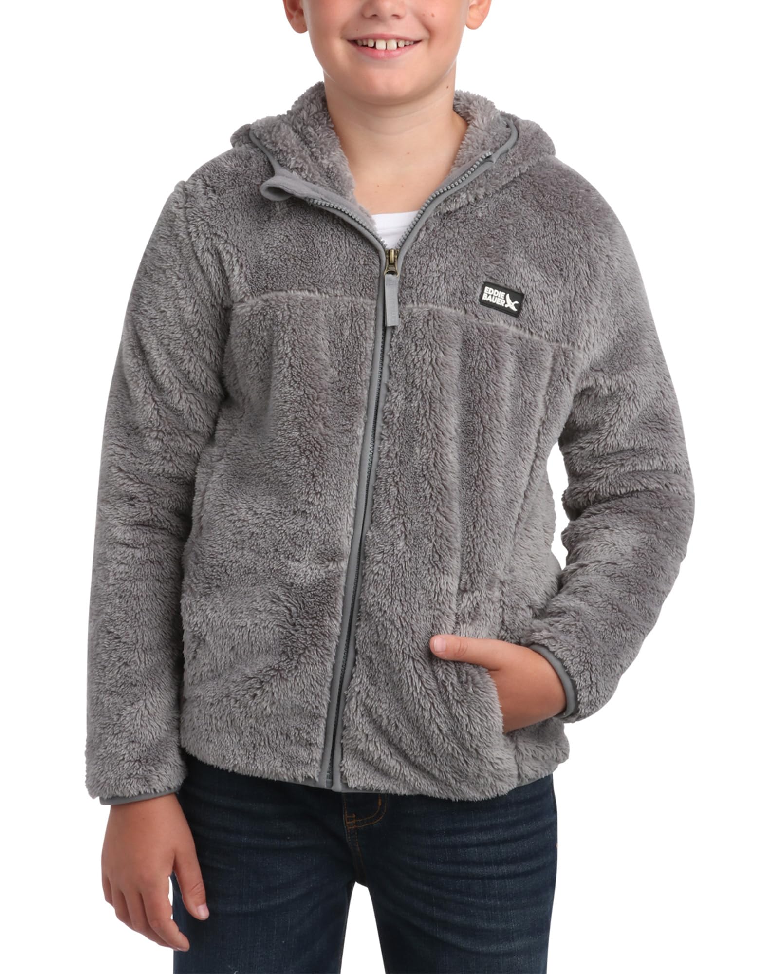 Eddie Bauer Kids' Zip Up - Kids' Full Zip Ultra Soft Sherpa Fleece Hoodie Sweatshirt for Boys and Girls (5-20), Size 7-8, Monument Image