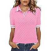 Rapbin Womens Short Sleeve Polo Sweater Knit Collared Pollover Summer V Neck Business Casual Tops