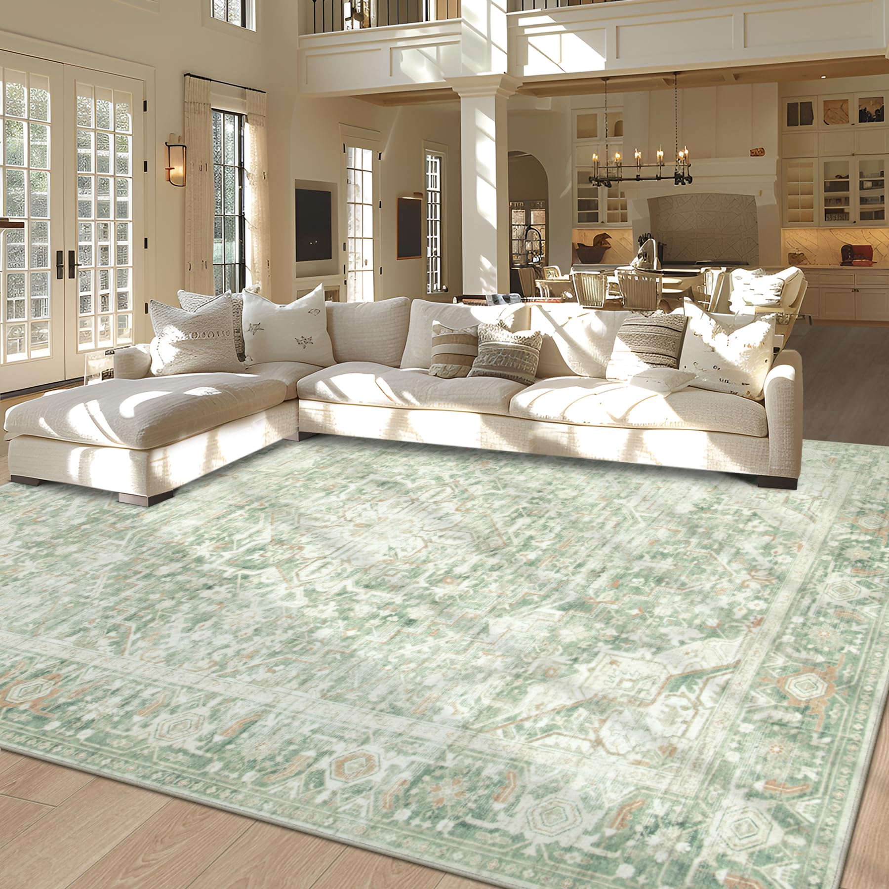 Photo 1 of 6x9 Area Rugs Washable Rug, Soft Vintage Living Room Rug with Anti-Skid Backing Stain Resistant Thin Indoor Carpet Large Area Rug for Bedroom Under Dining Room Table Nursery Entryway-Green