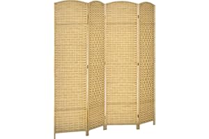 HOMCOM 4 Panel Room Divider, 6' Tall Folding Privacy Screen, Hand-Woven Freestanding Wood Partition for Home Office, Bedroom, Nature Wood
