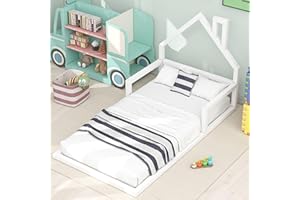 MERITLINE Twin Size Floor Bed with House-Shaped Headboard, Twin Montessori Floor Bed Wood Frame, No Box Spring Needed, for Kids Teens Girls Boys (White)