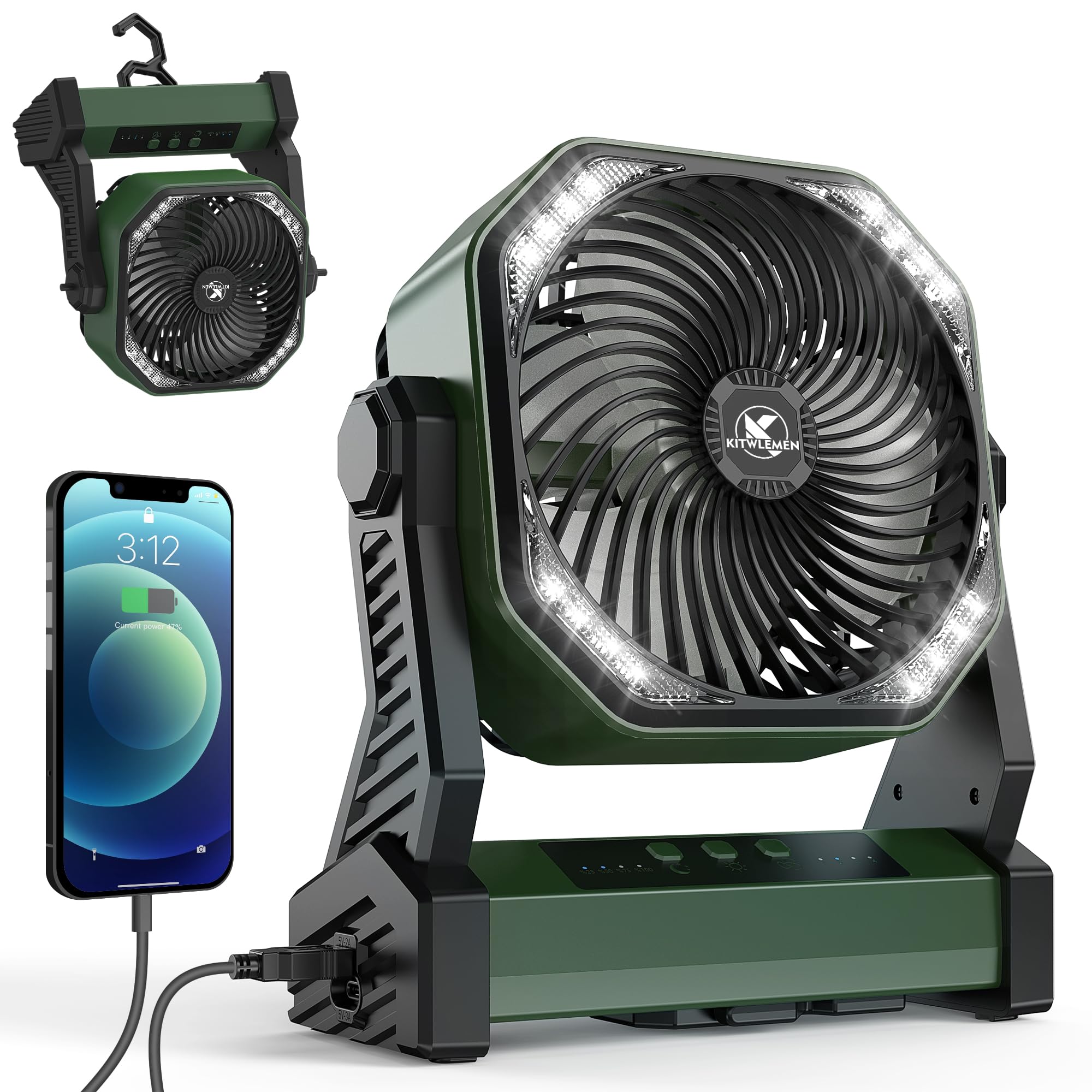 KITWLEMEN 20000mAh Battery Powered Camping Fan - 58H Max Cooling, Rechargeable Battery Operated Desk Fan with 4 Speeds, Bright Light & Hanging Hook, Portable for Tent Outdoor Hurricane Power Outage