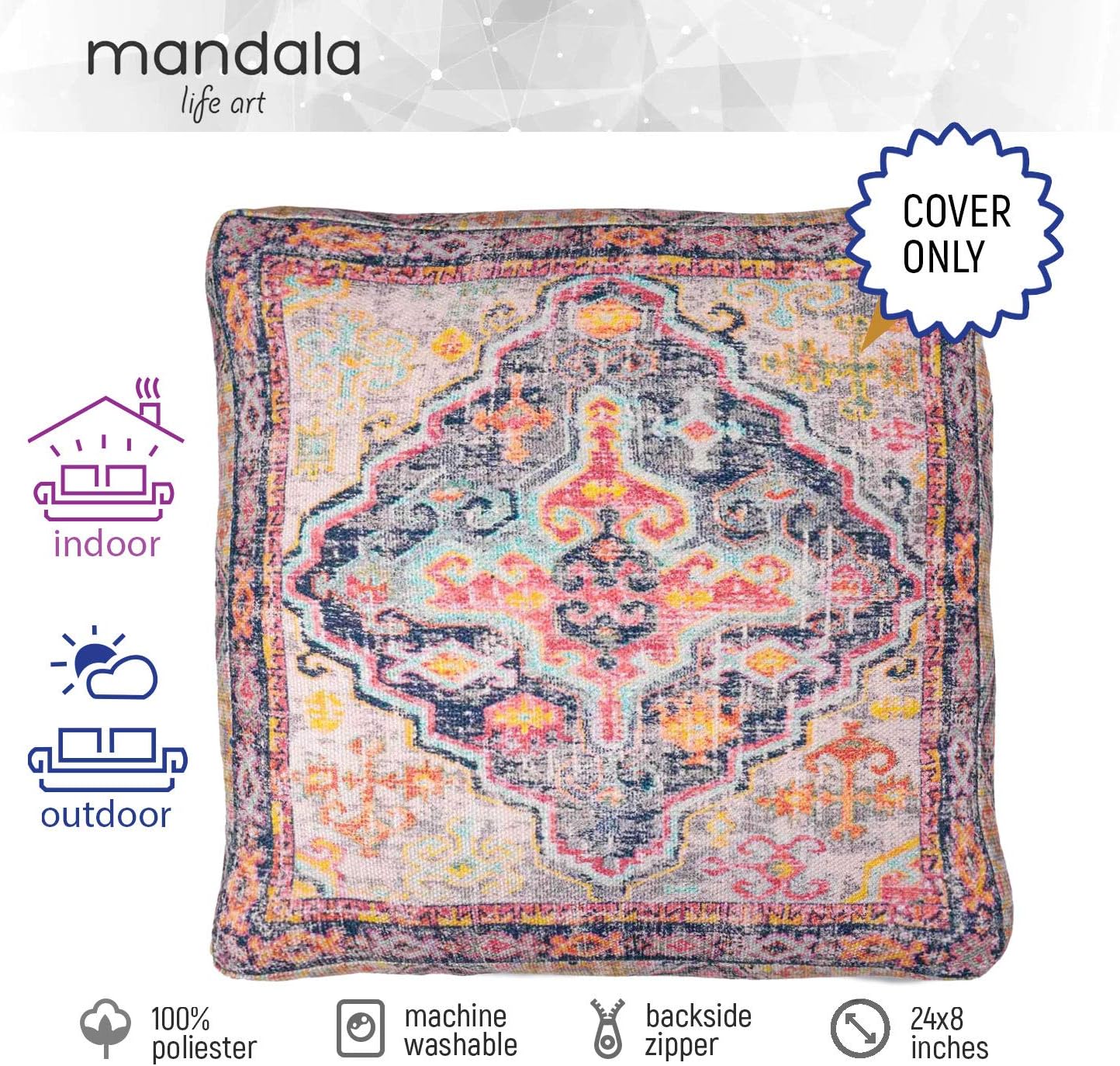 Mandala Life ART Boho Pouf Ottoman Cover - Round Floow Pillow Cushion - 24x8, Outdoor, 60 x 60 cm (Pack of 1) - Image 3