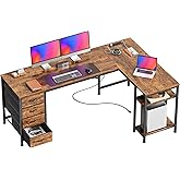 Huuger 63 Inch L Shaped Desk with Fabric Drawers, Computer Office Desk with Power Outlets and USB-C Port, Corner Desk with Storage Shelves, for Gaming Work Study Home Office, Reversible, Rustic Brown