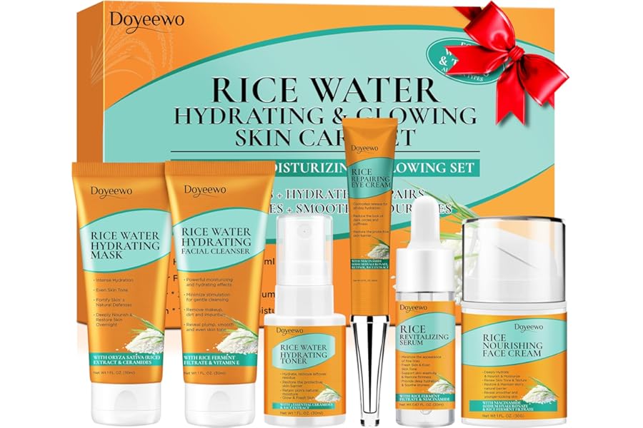 Skin Care Set,6Pcs Women Teen Glass Skincare w/Korean Rice Extract,Hydrate Glow Repair Anti-Aging Facial Routine Kit Gift for Women Mom Wife Teenage Girl Trendy Stuff Christmas Gifts Stocking Stuffers