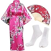 Heone Kimono Satin Peacock Printed Lightweight Cardigan Jacket Coat Yukata Cloak Bathrobe Tops folding Fans Tabi Socks Set