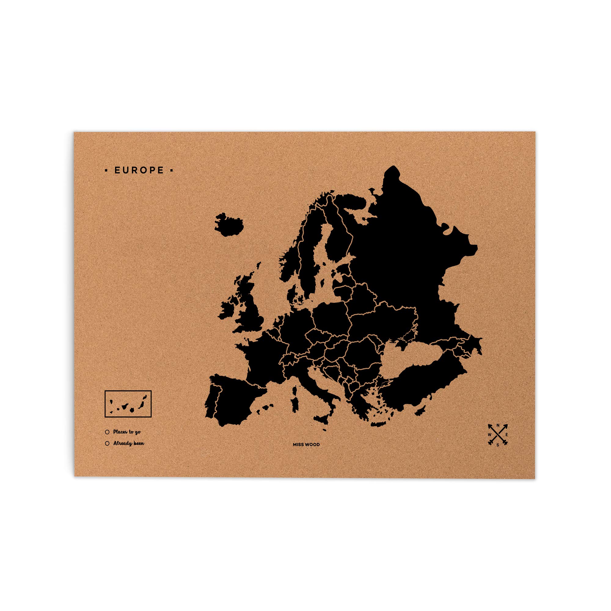 Miss Wood Woody Map L – Map of the World Cork with Design Europe, Black