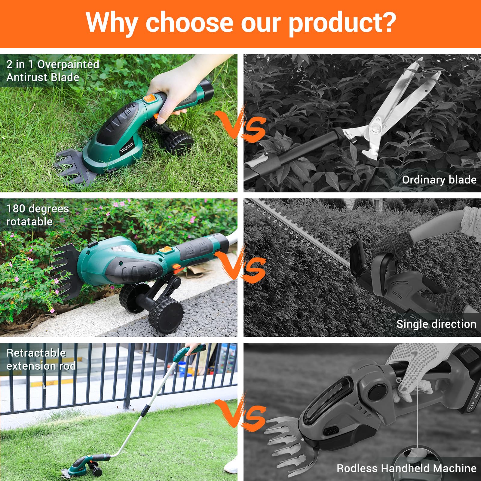 LIFERUN Grasschere mit Akku 7,2V 2000mAh, 2 in 1 Strauchschere akku, Rasenschere mit Teleskopstiel/stiel, elektrische Rasenschere, für Garten, Rasenkanten, Strauchschnitt, Gras mähen, Grün 7