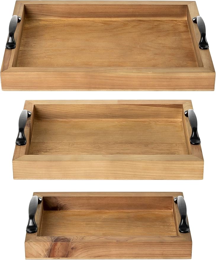 Strova Rustic Wood Serving Tray with Handles, Set of 3