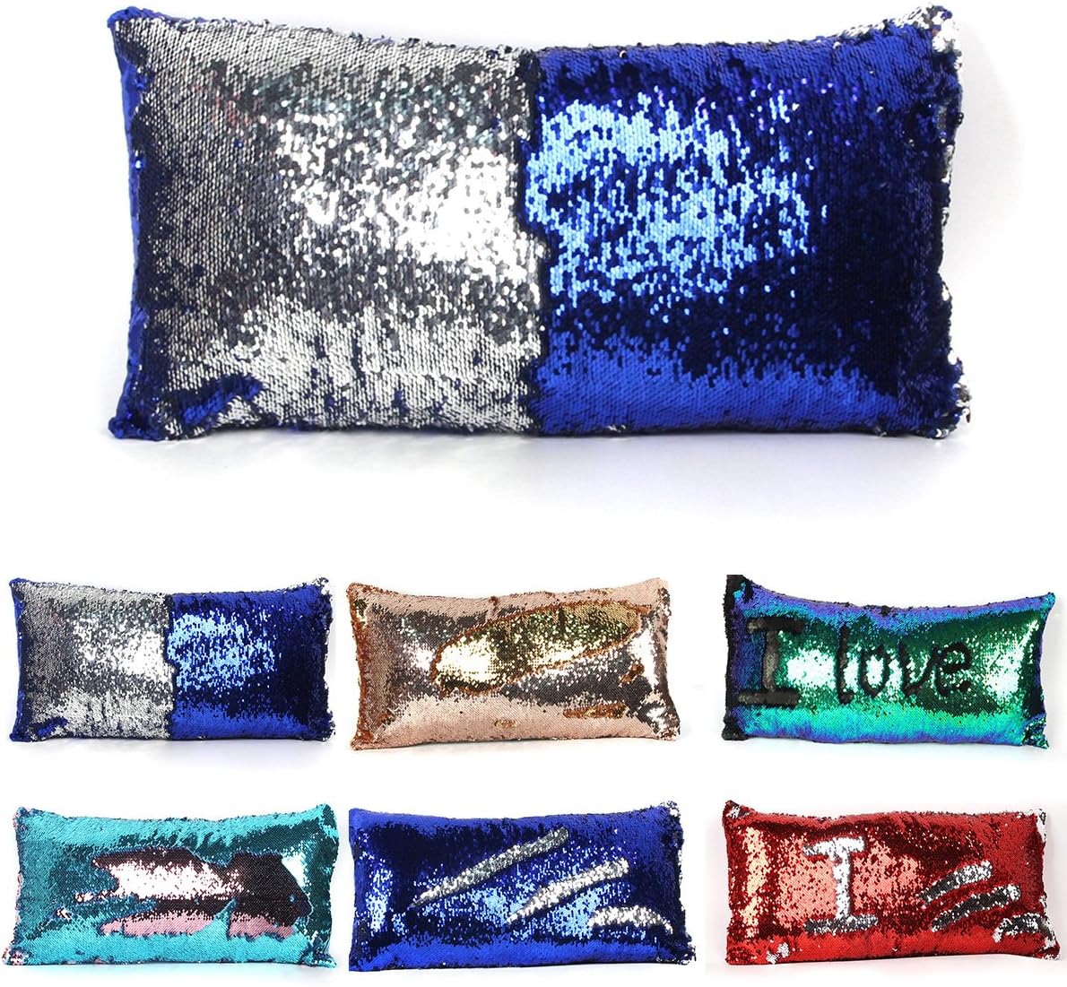 2 Colors Reversible Mermaid Sequins Pillow Sofa Couch Cushion Cover Throw Pillow Case 30cm x 60cm (Silver and Blue)