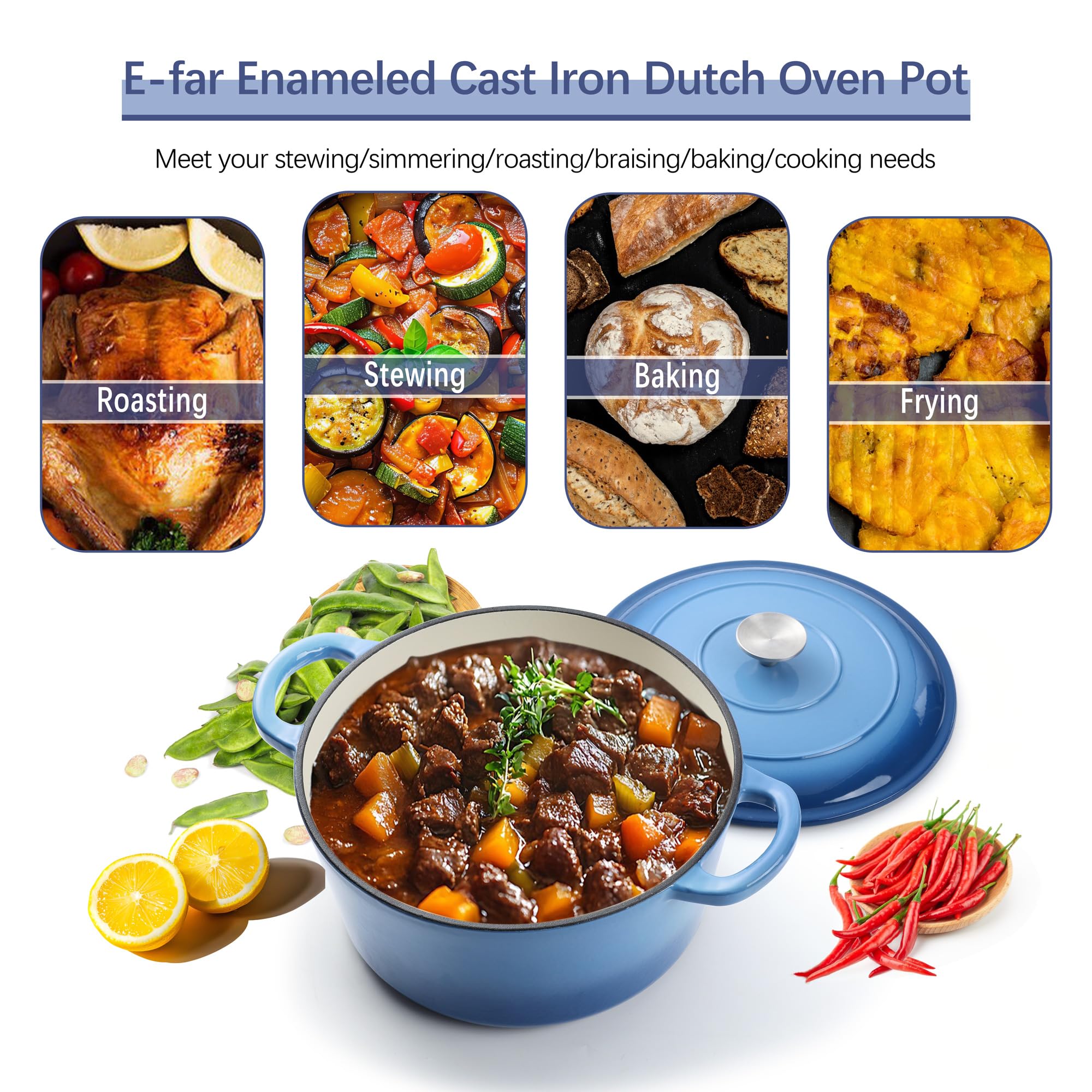 E-far Dutch Oven Pot with Lid, 5 Quart Enameled