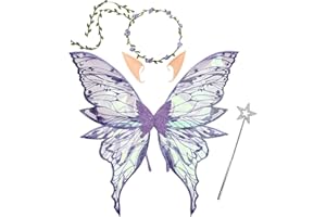 Snycler Fairy Wings for Adults and Women, Fairy Costume Set with Floral Garland, Wand & Elf Ears Butterfly Wings