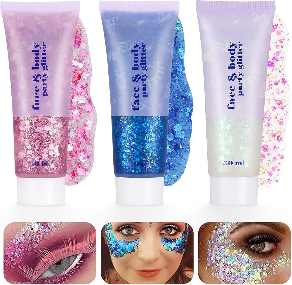 Dacitiery 3Pcs Body Glitter Gel Kit 50ml Mermaid Sequins Silver