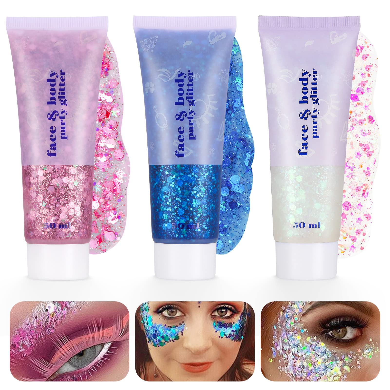 3Pcs Body Glitter Gel Kit, 50ml Mermaid Sequins Chunky Glitter Liquid Gel for Face, Body, Eye, Hair, Nail DIY Art Festival Party Makeup Decoration