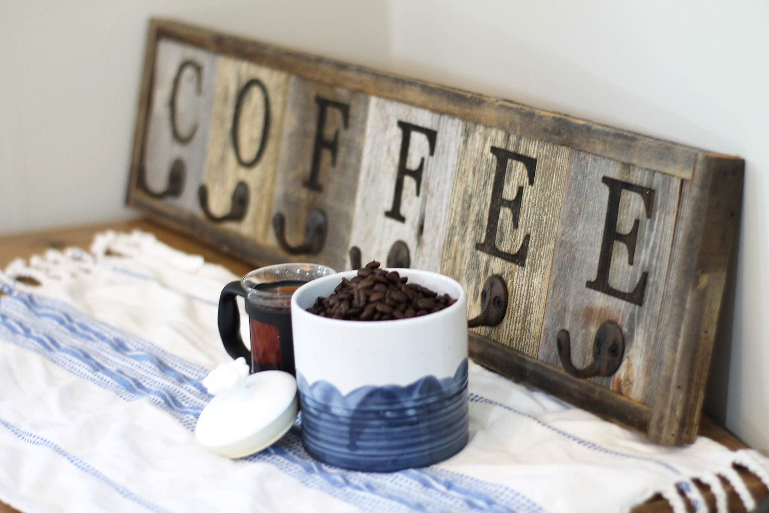 Coffee Mug Rack Wall Mounted, Hanging Cup Holder, Decorative Display Storage for the Kitchen, Wooden Farmhouse Cafe Barnwood Sign