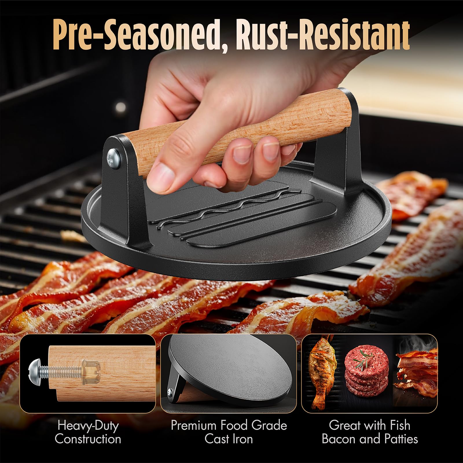 Pisol Smash Burger Press, Pre-Seasoned Cast Iron Hamburger Smasher, 2 lb Heavy-Duty Grill Bacon Meat Press Tool with Wood Handle, 6.6”