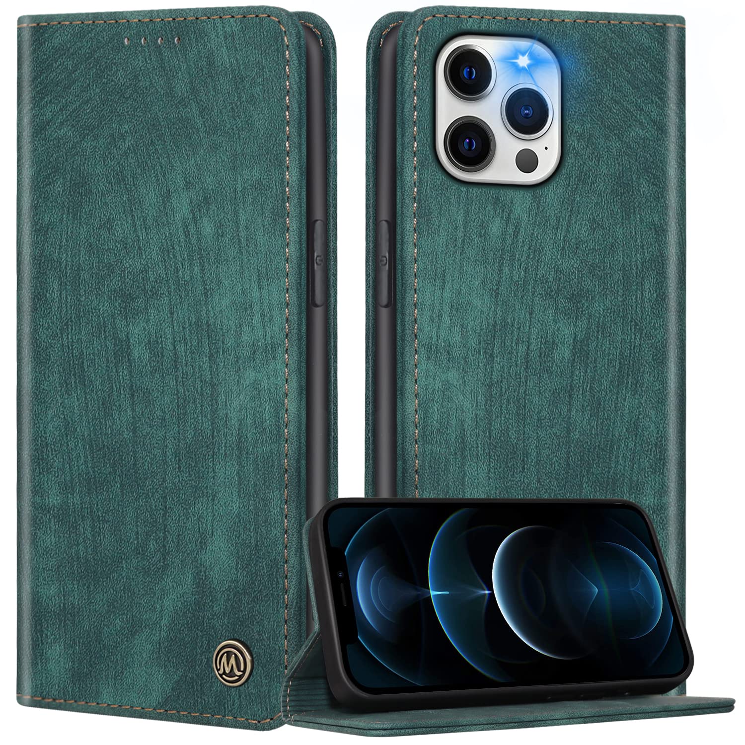 FMPCUON Compatible with iPhone 14 Pro Max Case, Premium Leather Folio Cover,Magnetic Closure Protective Book Design Wallet Flip with [Card Slots][Kickstand] smooth touch ever,Green