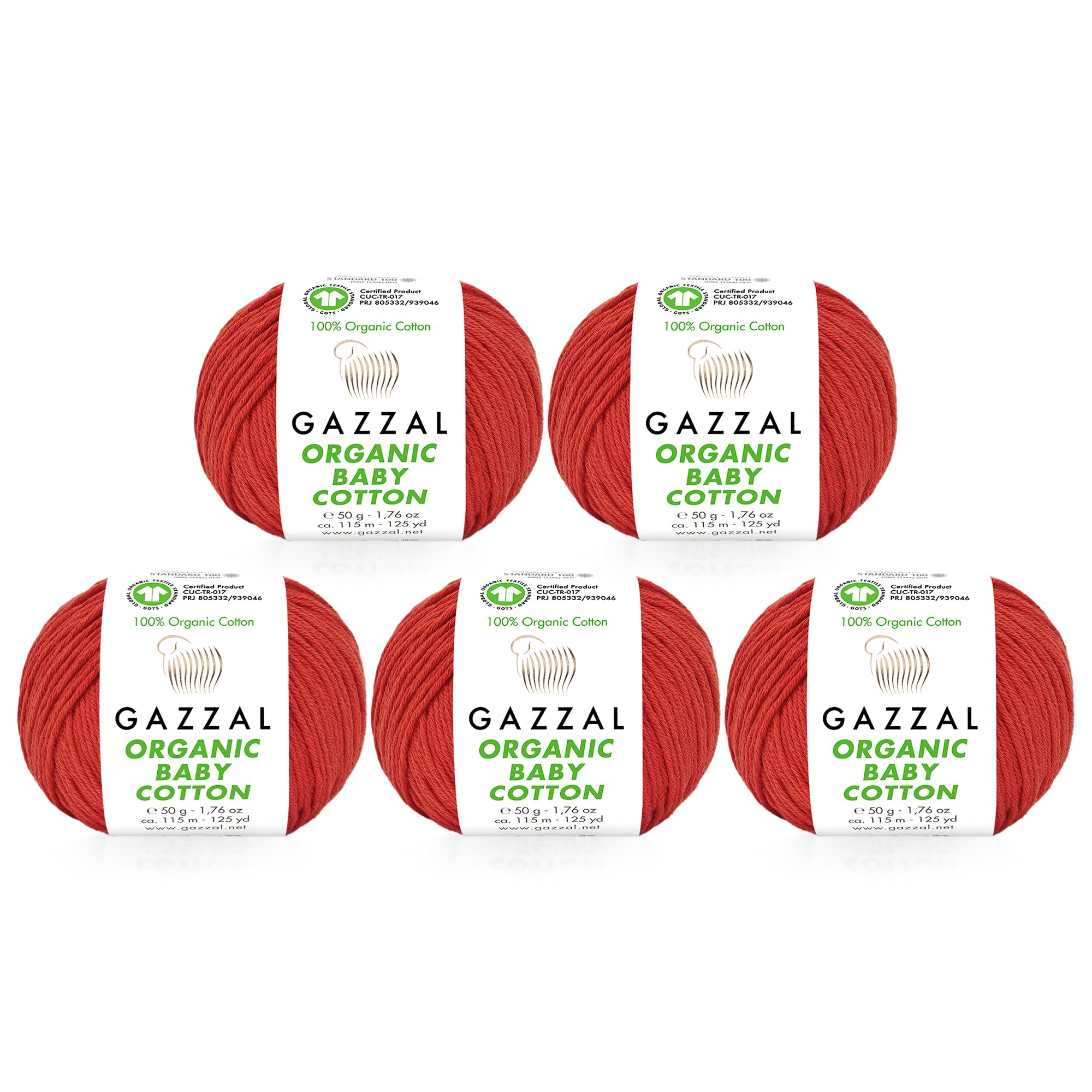 5 Ball (Pack) Gazzal Organic Baby Cotton Yarn, Total 8.8 Oz. 100% Organic Cotton, Each 1.76 Oz (50g) / 125 Yrds (115 m), 3 Light DK, Red - 432